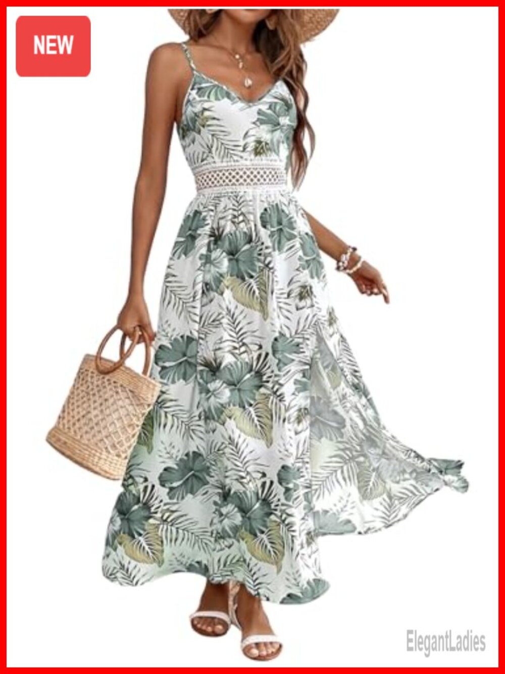 Women's Boho Floral Maxi Dress Sleeveless V-Neck Smocked Beach Vacation